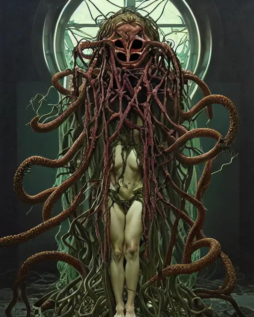 Image similar to the platonic ideal of flowers and roots of cletus kasady ultimate carnage dementor doctor doom gorgon chtulu nazgul, medusa detailed, intricate, hyperrealism, intense, scary, decay, dmt, art by brock hofer and artgerm and greg rutkowski and alphonse mucha