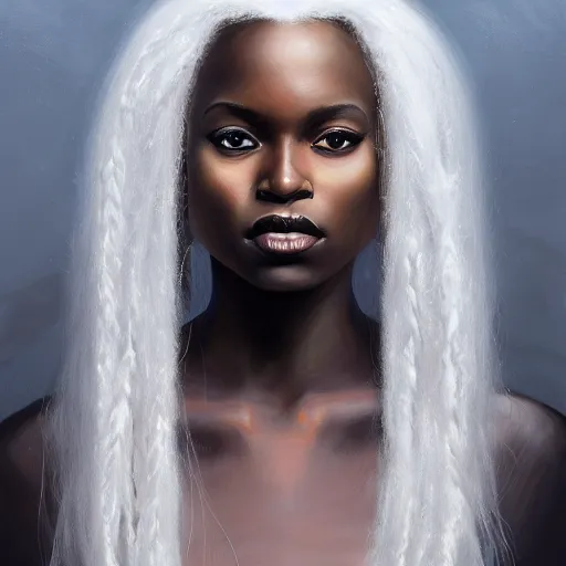 Prompt: a detailed matte oil on canvas head on symmetrical portrait of black skinned woman with!! long white hair!! and ( ( ( pale greenish ) ) ) hair, clothed by charlie bowater, lise deharme, wlop, trending on artstationhd, dungeons and dragons art critical role