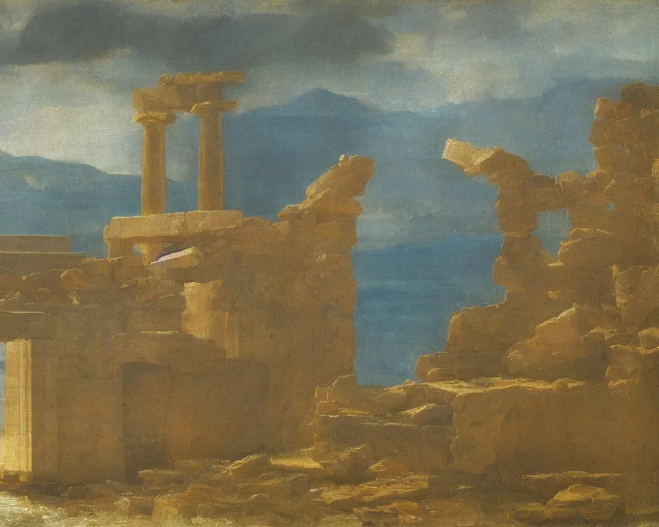 Image similar to an achingly beautiful oil painting of a partially submerged Greek temple by Raphael and Hopper.