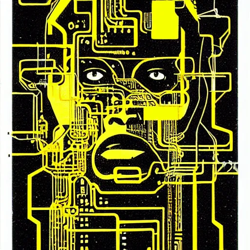 Prompt: a face covered in computer circuits, scifi, bladerunner, cyberpunk, heavy ink, yellow, illustration by mike mignola