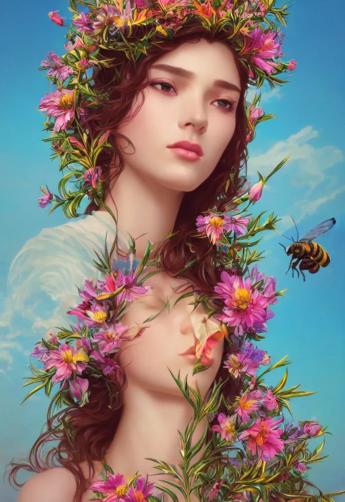 Image similar to beautiful, young woman, detailed gorgeous face, vaporwave aesthetic, synthwave, colorful, psychedelic, artstation, concept art, smooth, extremely sharp detail, thorn crown, flowers, bees, finely tuned detail, ultra high definition, 8 k, unreal engine 5, ultra sharp focus, illustration, art by artgerm, greg rutkowski and alphonse mucha