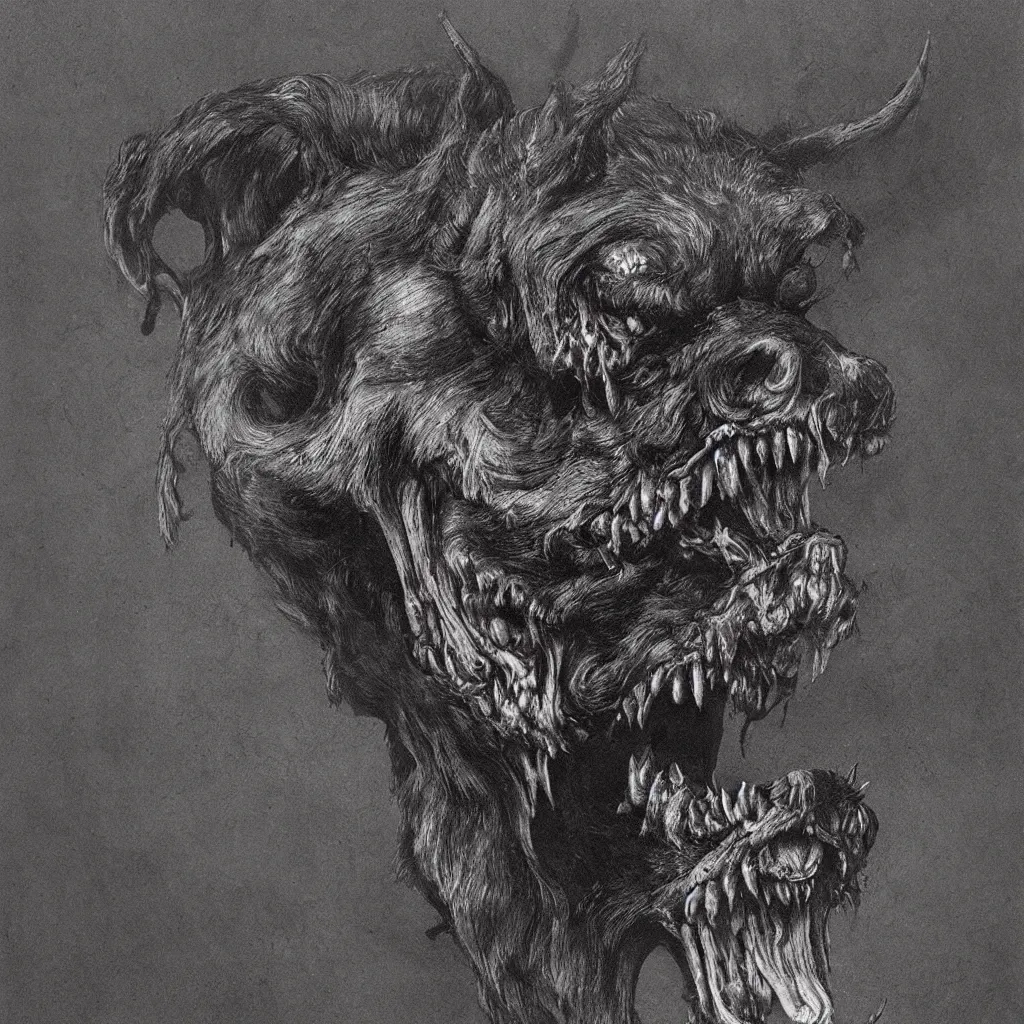 Prompt: horrifying and demonic dog with fangs, in the style of zdislaw beksinski