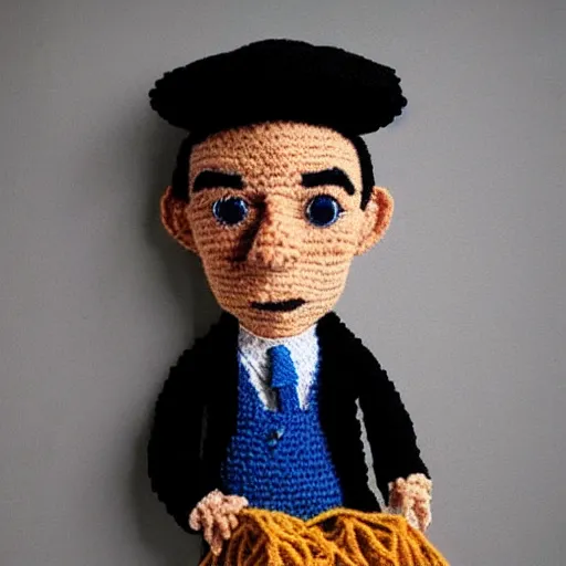 Image similar to buster keaton made of yarn, crocheted caricature of buster keaton, photorealistic, soft, cute, trending on artstation