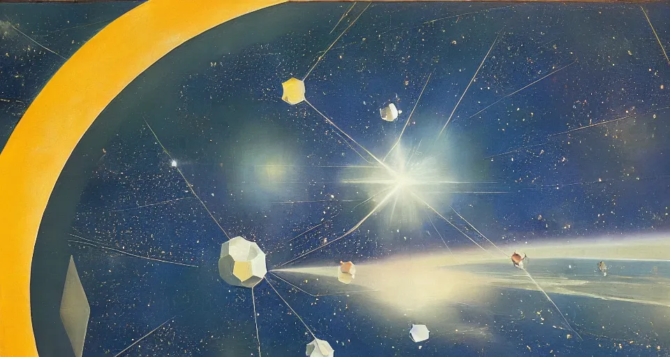 Image similar to hexagonal shield in space, blocking the sun, earth in the foreground, art deco painting