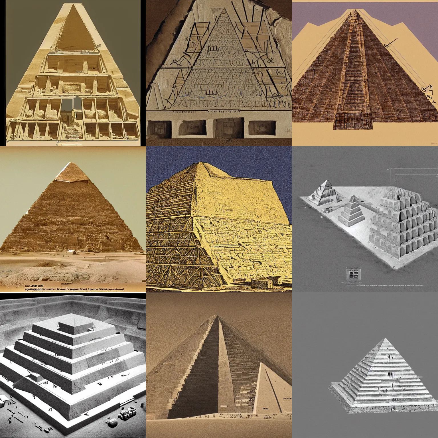 Prompt: x - ray image of the pyramid of khufu, detailed cross sectional view of inner chambers