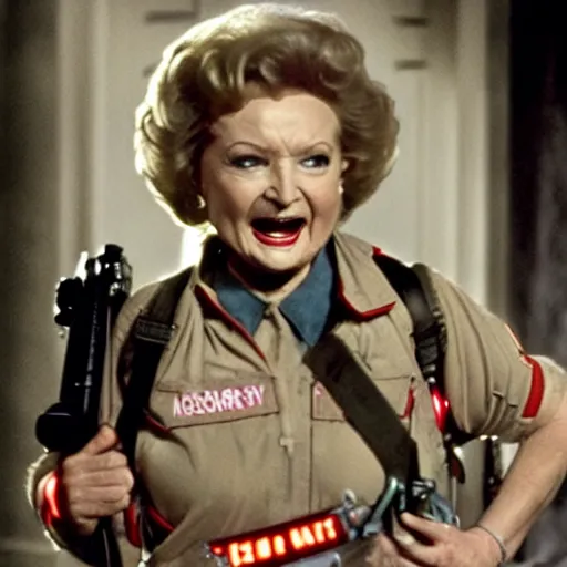 Prompt: stunning awe inspiring betty white as a ghostbuster in the movie ghostbusters, movie still 8 k hdr atmospheric lighting