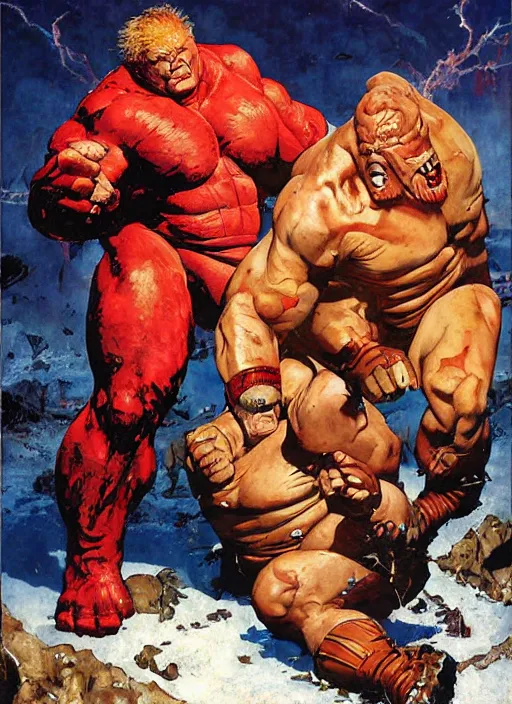 Prompt: full body and head portrait of brock lesnar as marvel juggernaut vs the thing, dynamic action, painted by norman rockwell and phil hale and greg staples and tom lovell and frank schoonover and jack kirby