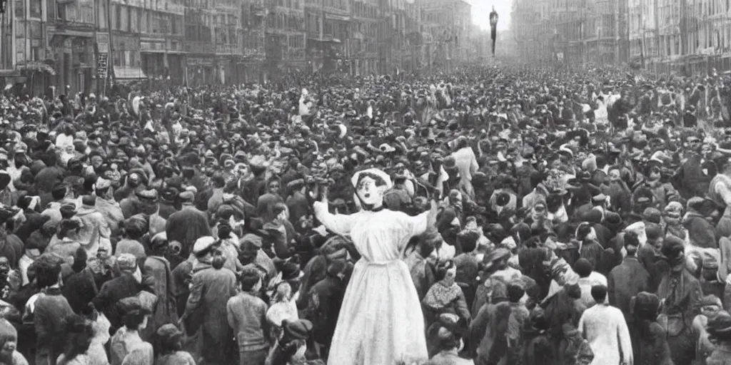 Image similar to scary unproportionable tall ghost creature in the middle of a crowd, 1900s picture