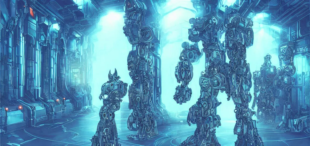 Prompt: “Mecha cyborg standing inside dark hall, on each side of the wall there are empty capsules , capsules glow blue, hall is very long and goes to the horizon, highly detailed, in the graphic style of Tim Shumate, detailed art, artstation, comic art ”