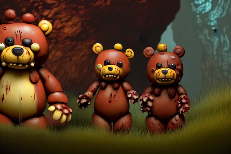 Prompt: high resolution 4 k face of freddy fazbear chubby gore, blood, furry bears horror made in abyss design bizarre design body a field of war bloody war wounded country bears rock afire explosion billy bob made in abyss body horror bears fluffy cute deformed black skydave sim rosewood art in the style of akihito tsukushi and jim henson - h 5 7 6