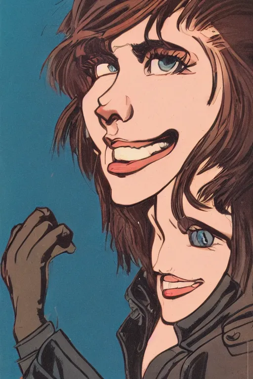 Image similar to portrait of an attractive young female protagonist, center focus, wearing leather jacket, in city street, detailed face, artwork by ralph bakshi