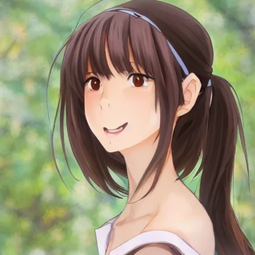 Prompt: A medium shot anime portrait of a happy woman with brown hair, a single short ponytail, she has blue eyes, open mouth, a big forehead, and large eyebrows, without glasses, with a large chest, by Stanley Artgerm Lau, WLOP, Rossdraws, James Jean, Andrei Riabovitchev, Marc Simonetti, and Sakimi chan, trending on artstation