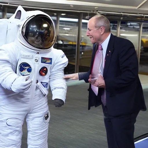 Prompt: cat astronaut shakes the hands with president