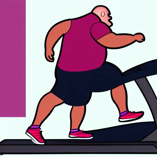 Prompt: a fat man running on a treadmill heavily sweating, digital art