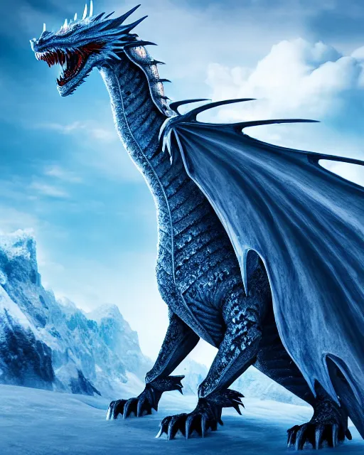 Image similar to giant ice dragon standing on a snowcapped mountain, highly detailed, 4 k, hdr, award - winning, directed by zack snyder