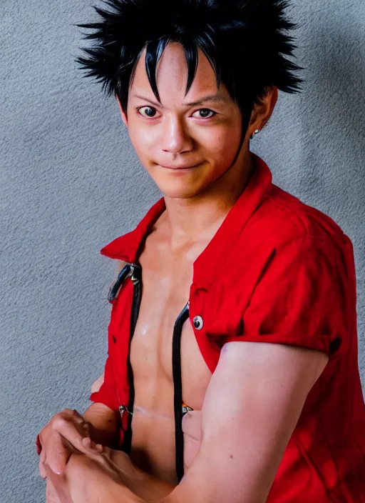 Image similar to A full portrait photo of real-life luffy one piece, f/22, 35mm, 2700K, lighting, perfect faces.