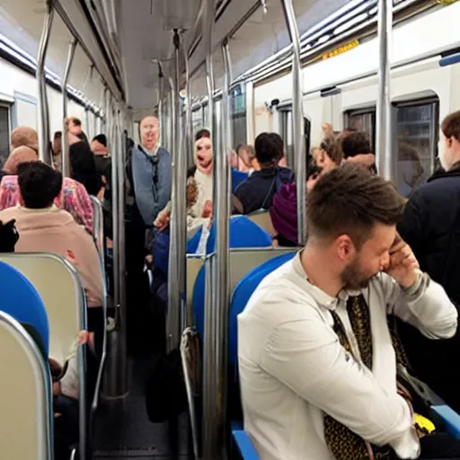 Prompt: commuter train full of hairy people