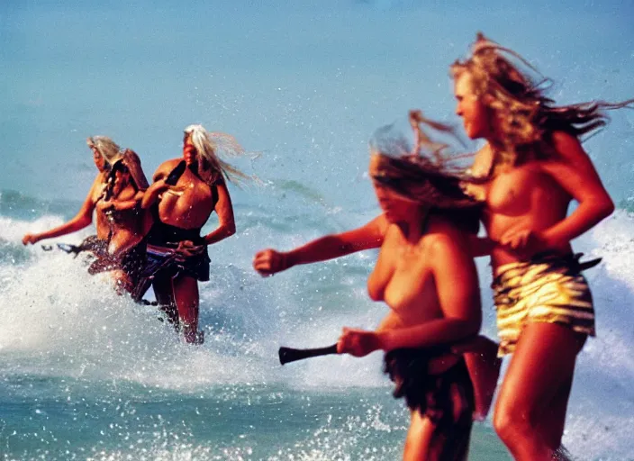 Image similar to photo of viking women in speed boats hunting surfers, fujifilm velvia 5 0