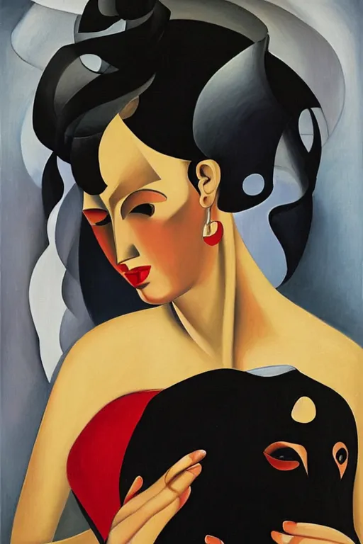 Prompt: highly detailed painting of pregnant flamenco dancer with a black bull head by tamara de lempicka