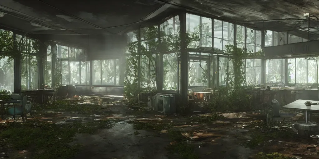 Prompt: interior, abandoned diner, photorealistic, vegetation, overgrowth, cinematic lighting, global illumination, unreal engine 5, screenshot from the last of us part 2