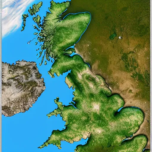 Prompt: map of the uk from space after climate change has destroyed the planet