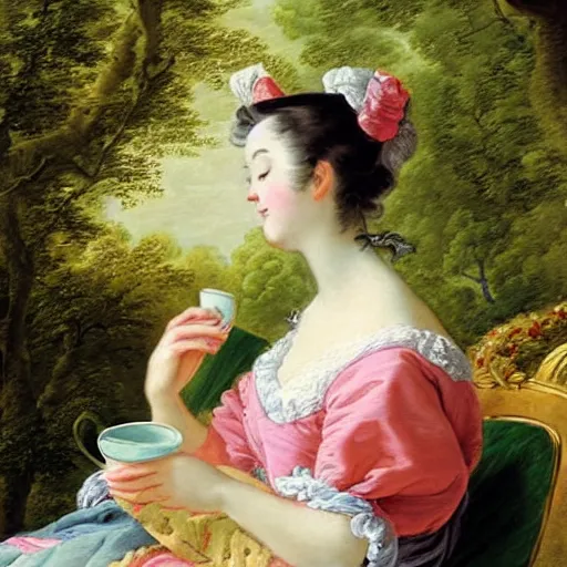 Prompt: a beautiful painting of a woman sipping tea in a park by francois boucher