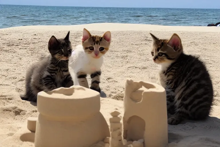 Prompt: kittens at the beach surrounding a sand castle and all of the kittens are looking directly at the sand castle