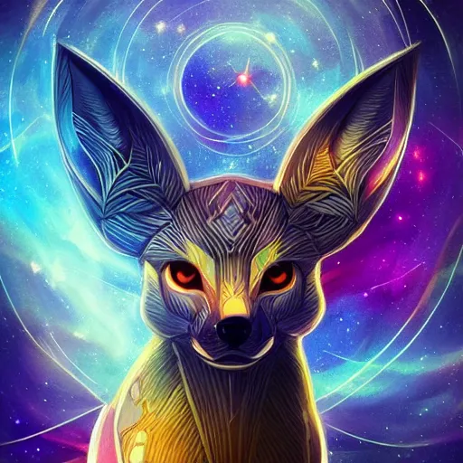 Image similar to geometric symmetrical jolteon with galaxy eyes in space, nebula in the background, intricate, elegant, highly detailed, digital painting, artstation, concept art, smooth, sharp focus, illustration, art by artgerm