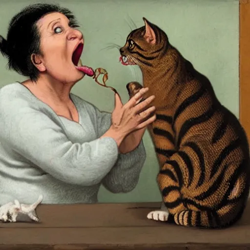 Prompt: an old woman opening her mouth wide and swallowing a cat