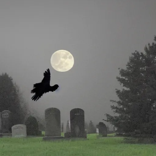 Prompt: a raven flying over the tombstone at rainy night with full moon, rain, clouds, tall trees, diffused blue glow