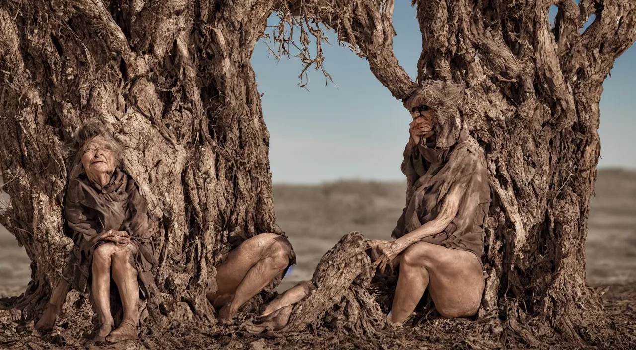 Prompt: 65-year-old woman made from a tree, crying one single tear, facing the camera and sitting on a dried up river in a desolate land, blue sky, hot and sunny, highly-detailed, elegant, dramatic lighting, artstation, 4k, cinematic landscape, photograph by Elisabeth Gadd