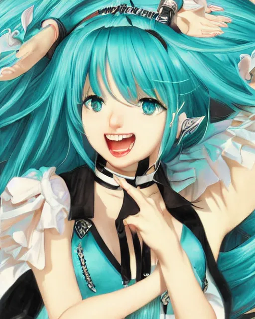 Image similar to Hatsune Miku singing on the scene, symmetrical eyes, beautiful pose, open mouth, art by Elvgren, Vargas and Moran