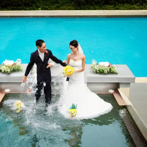 Prompt: wedding cake made of concrete swimming in a pool with kois in it, ladies standing on the edge of the pool, high quality, photo