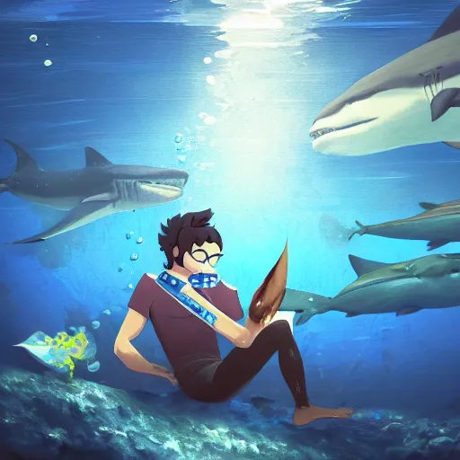 Prompt: man with a vintage diving suit reading a book underwater with sharks around him in the style of makoto shinkai, digital painting, good composition, godrays, trending on art station, high detail