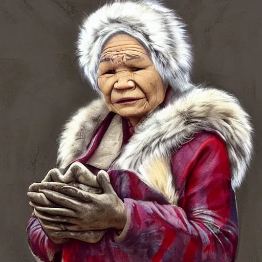 Image similar to A beautiful print of a stern looking elderly Inuit woman with short white hair and dark skin. She is wearing a traditional Inuit parka with fur trim and is holding a small carving in her hand. Her expression is one of strength and wisdom. Howl’s Moving Castle by Diego Dayer, by Dain Yoon, by Peter Andrew Jones frightful