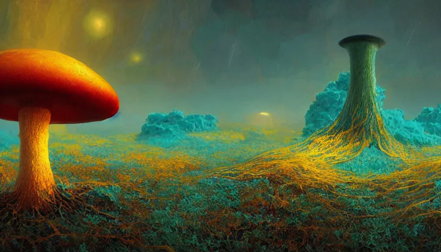 Prompt: A highly detailed digital art painting of a volatile nuclear caustic poison mushroom irradiated barren teal and yellow landscape by Karol Bak, Makoto Shinkai, by Artgerm, by beeple, volumetric lighting, octane render, 4K resolution, trending on artstation, masterpiece, vivid colours
