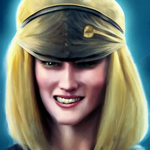 Image similar to laughing, teasing, beautiful, intelligent, blonde female pirate captain 2 8 years old, 1 9 3 0 s haircut, fully clothed, wise, beautiful, 1 7 5 0 s oil painting, dramatic lighting, trending on artstation, sharp focus