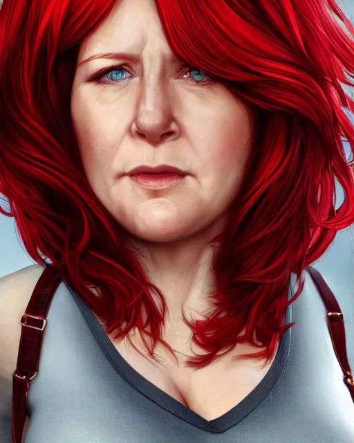 Image similar to portrait of short and plump 5 0 - year - old woman with red hair and a kind face, hyper realistic face, beautiful eyes, character art, art by mark brooks, hyperdetailed, cryengine, trending on artstation, digital art