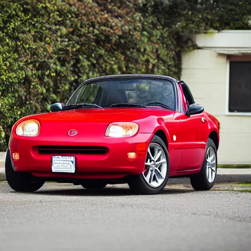 Prompt: 105mm photo of car full view mid distance photograph red Mazda Miata parked on street from 1945