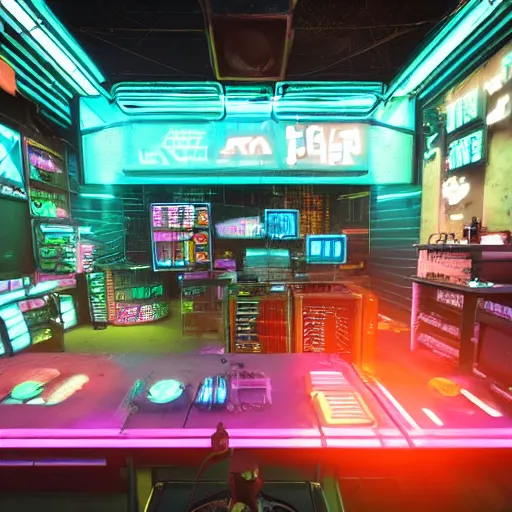 Image similar to a market stall at a futuristic cyber punk trade show in 2 0 5 5 from a distance, neon lighting, cinematic, dslr, unreal engine, hyper realistic