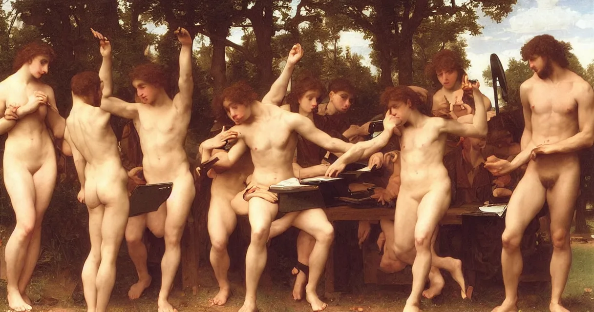 Image similar to large group of pre-Raphaelite muscular athletic male wearing headset siting and working on macbook Bouguereau and raphael