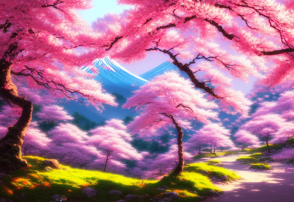 Image similar to a real photographic landscape painting with incomparable reality, wide angle, in forest, flowers, cherry blossom tree in full bloom, bright style, mount fuji, clearing, magnificent, artstation, art by makoto shinkai