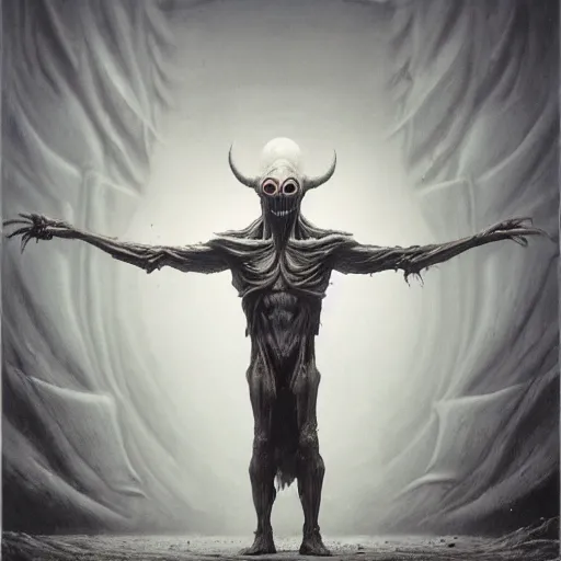 Image similar to a demonic angry alien with long fingers at the foot of the bed, beksinski, dariusz zawadzki, symmetrical, very coherent symmetrical artwork, cinematic, hyper realism, high detail, octane render, 8 k