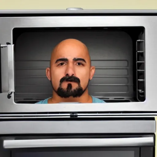 Prompt: bald mexican man with a goatee is shocked that his toaster oven is on fire