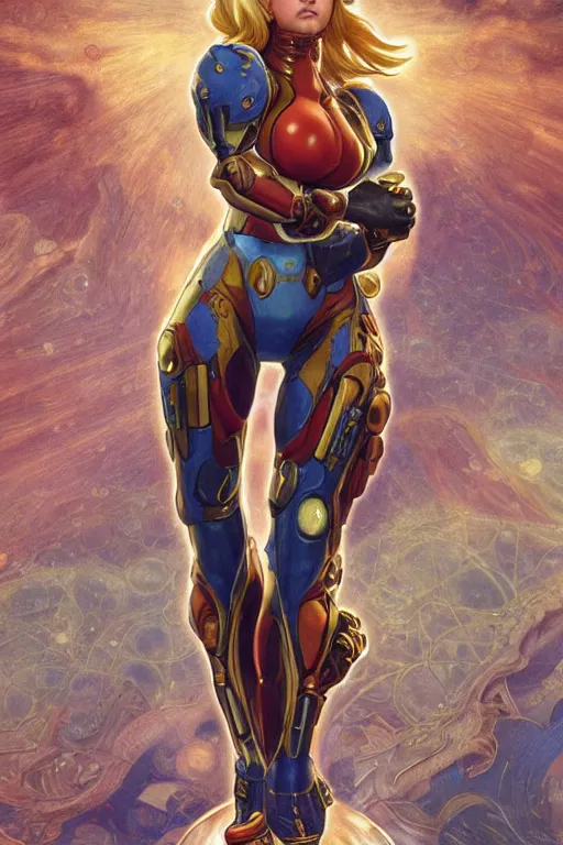 Image similar to samus aran metroid : : kate upton body : : christina hendricks : : portrait : : full body : : decadent highly - detailed digital artwork : : art by mucha and rutkowski, artstation, master prime lenses, cinematic