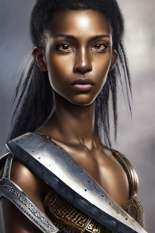 Image similar to a photorealistic painted portrait of an attractive young black girl, partially clothed in metal-plated battle armor, matt olive skin, long dark hair, flawless skin, beautiful bone structure, perfectly symmetric facial features, perfect photorealistic eyes, natural physique, intricate, elegant, digital painting, concept art, finely detailed, beautifully illustrated, sharp focus, minimal artifacts, from Metal Gear, by Ruan Jia and Mandy Jurgens and Artgerm and William-Adolphe Bouguerea, in the style of Greg Rutkowski, trending on Artstation, award winning art