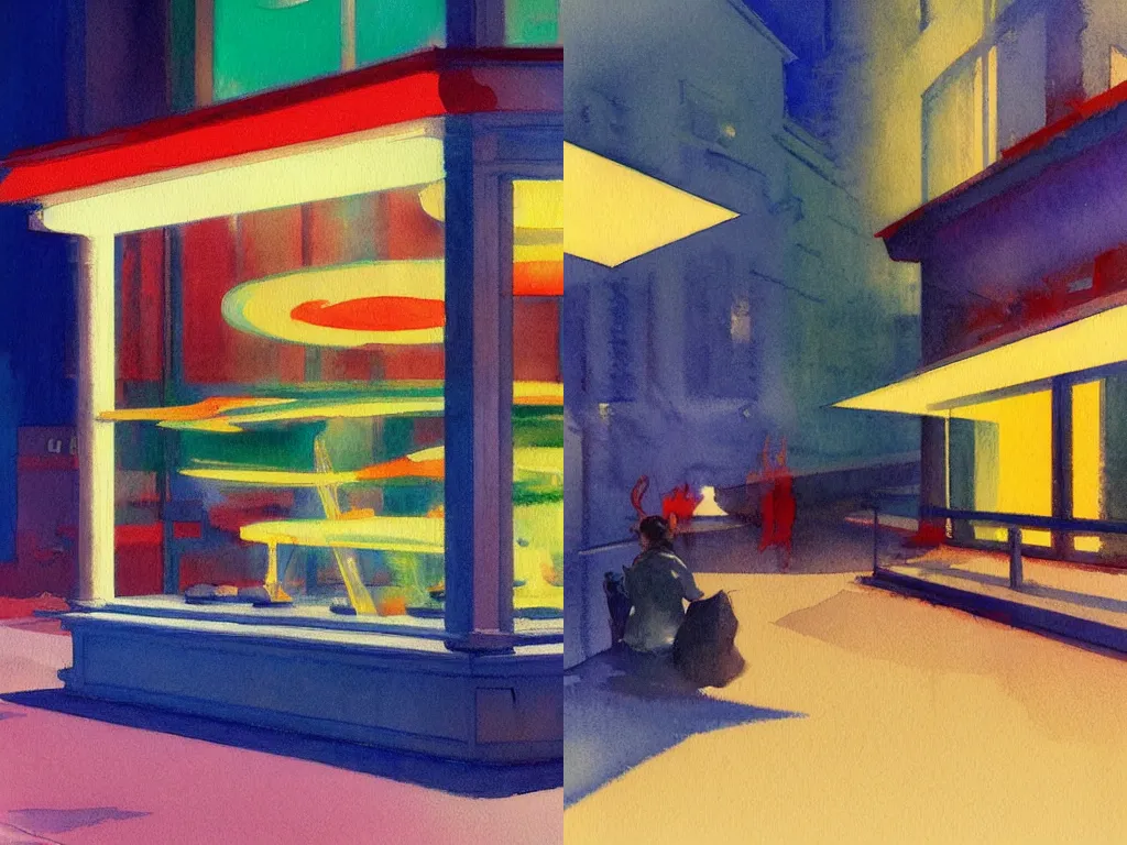 Prompt: abstract impressionist watercolor concept art of night scene by Edward Hopper, by Studio Ghibli, by Seiichi Hayashi, Concept art by Syd Mead, high angle camera, cinematic lighting, a masterpiece