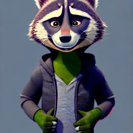 Image similar to a stoner with a black hoodie on with a marijuana themed dark green raccoon head from zootopia, 3 d, blender 3 d, render, extremely detailed, 8 k, stoned red eyes