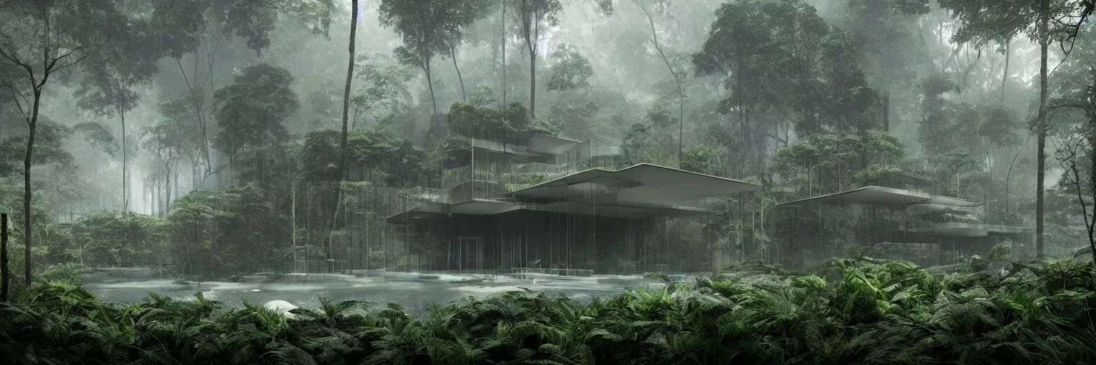 Image similar to modern architecture inspired by mies van der rohe deep in the rainforest. nature is taking over. matte painting in the style of craig mullins. mist. cinematic. octane render.