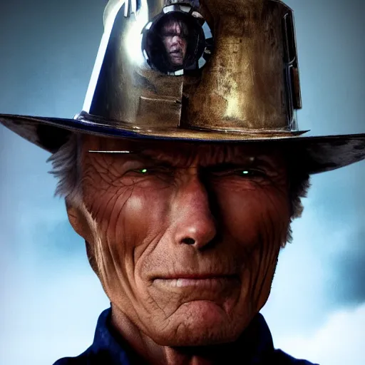 Image similar to clint eastwood steampunk cyborg, fantasy, sharp focus, contemporary fashion shoot, by edward robert hughes, annie leibovitz and steve mccurry, david lazar, jimmy nelsson, extremely detailed, hyperrealistic, perfect face, octane render